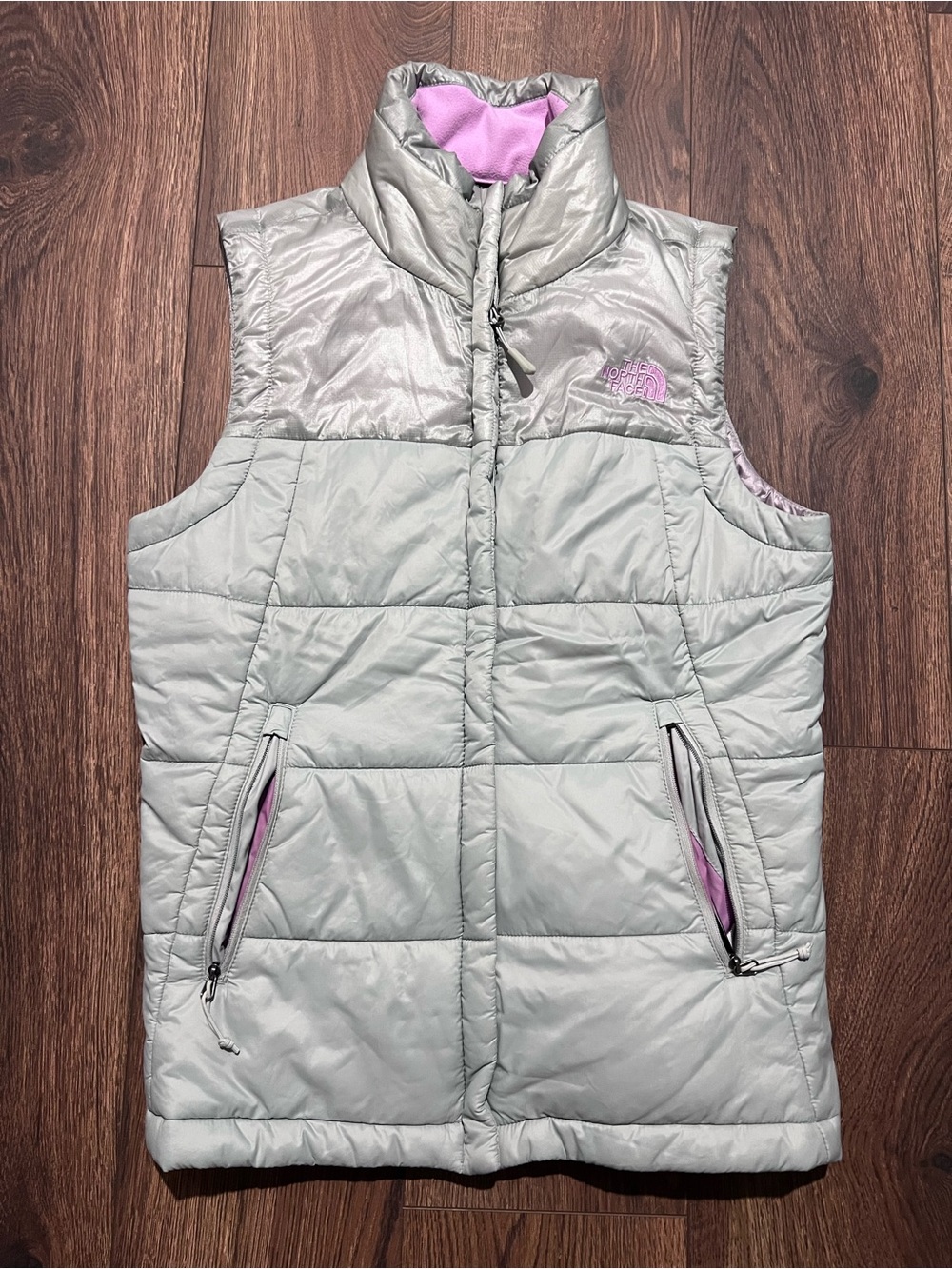 The North Face Light Silver Puffer Vest with Pink Lining